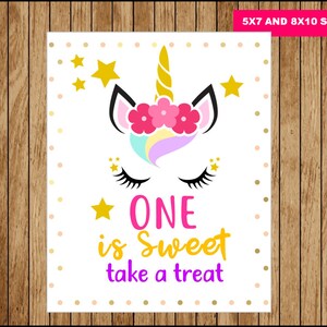 Unicorno uno è dolce prendere una delizia segno, segno di festa unicorno stampabile, primo segno di compleanno unicorno 5 x 7 e 8 x 10 download immediato