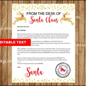 Puede incluir: Una carta de Papá Noel en papel blanco con ilustraciones de renos dorados y purpurina. El membrete dice "From the Desk of Santa Claus" en escritura roja. Incluye el texto "Editable Text".