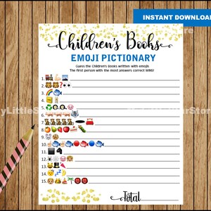 Children&#39;s Books Emoji Pictionary game, Navy Baby shower Emoji game, Blue and Gold, Boy Baby Shower Game, ANSWERS included, Instant Download