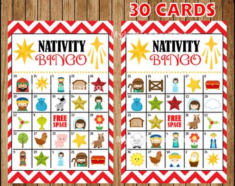 May include: Two Nativity Bingo cards with a red and white zigzag border. Each card has a grid of images and the words "Nativity Bingo" at the top. The cards are labeled "30 Cards".