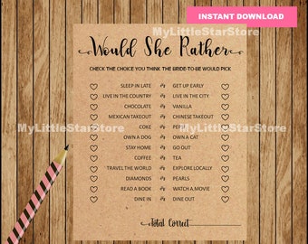 Would She Rather , Rustic Would She rather bridal shower game, Wedding Shower Game, Bachelorette game Instant Download