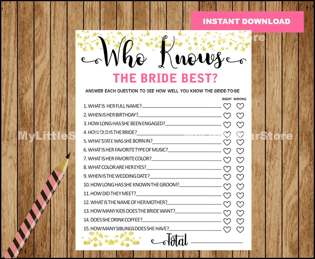 Who Knows the Bride Best : Gold BRIDAL SHOWER GAMES - Etsy