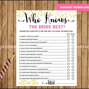 Who Knows the Bride Best?, :-) Gold BRIDAL SHOWER GAMES, Questionnaire for guests, Printable Bridal Shower Game [Instant Download]