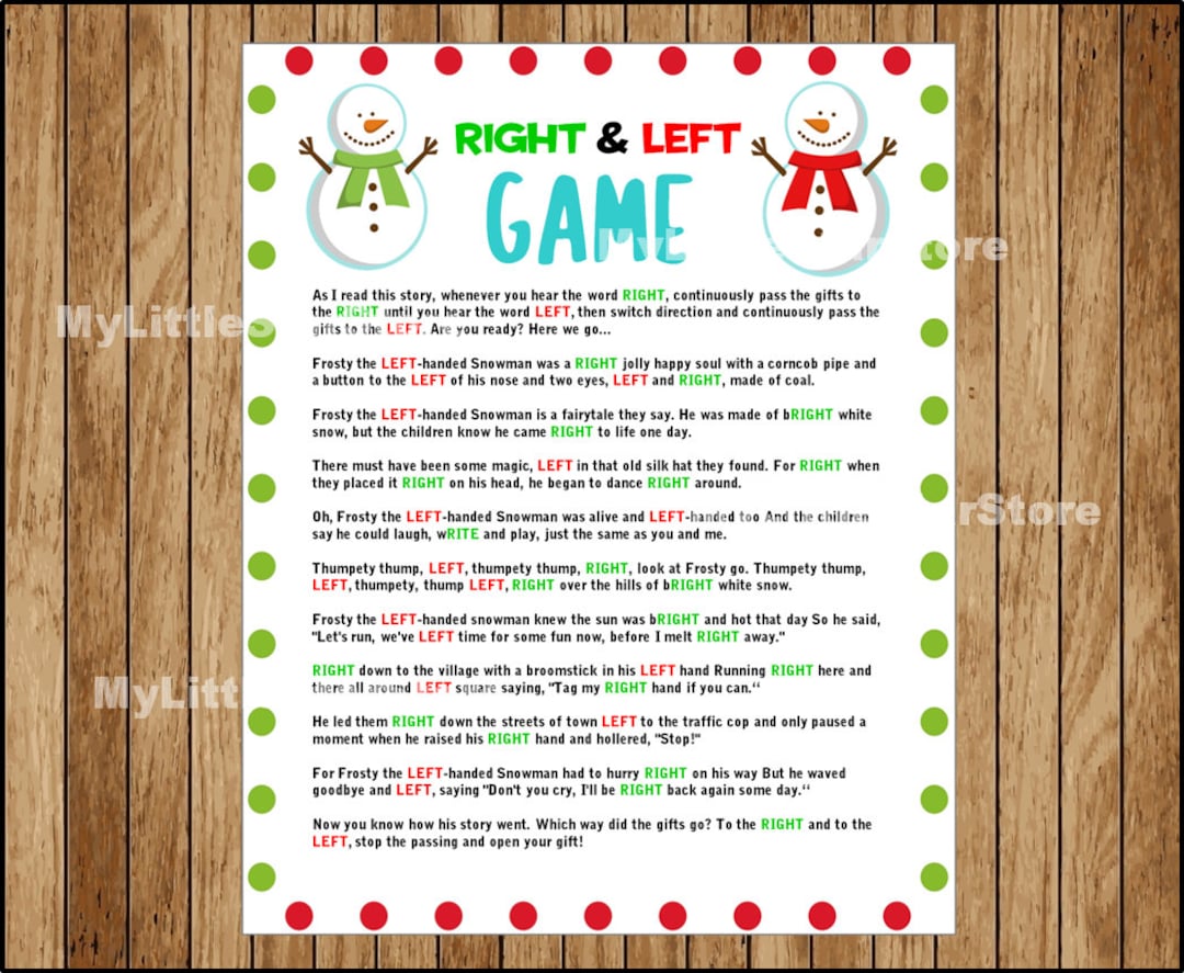 Christmas Right and Left Game Printable Snowman Christmas Party Game
