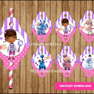 Doc McStuffins Straw Toppers, Printable Doc McStuffins Straw Tags , Doc McStuffins party Straw tags Instant download