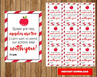 Printable Gift Tag, Teacher Appreciation Gift, Roses are Red, Apples are too, teacher gift card Instant download