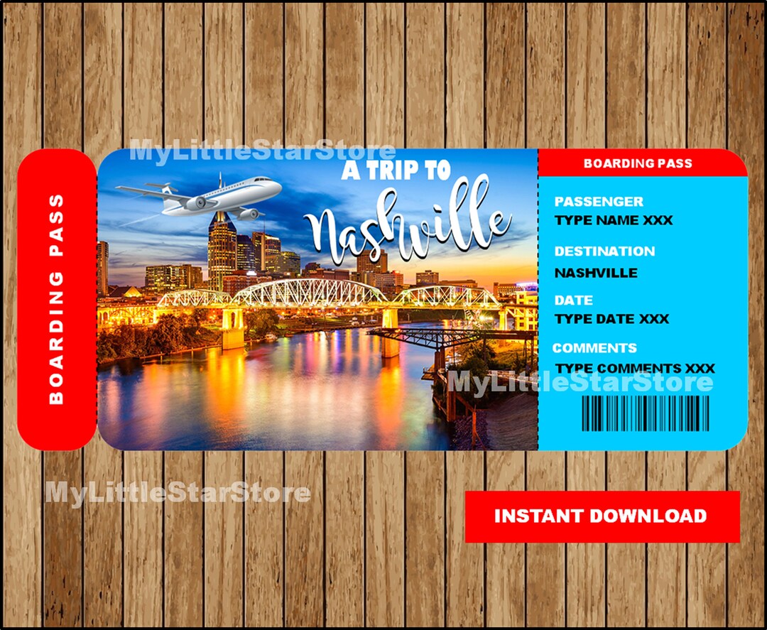 Surprise Nashville Trip Ticket , Nashville Surprise Boarding Pass, Printable Gift Ticket, Ticket