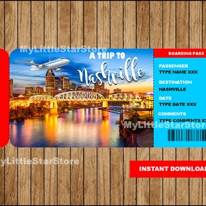 Billet de voyage surprise à Nashville, carte d'embarquement surprise de Nashville, billet cadeau imprimable, billet pour la carte d'embarquement de Nashville Texte modifiable