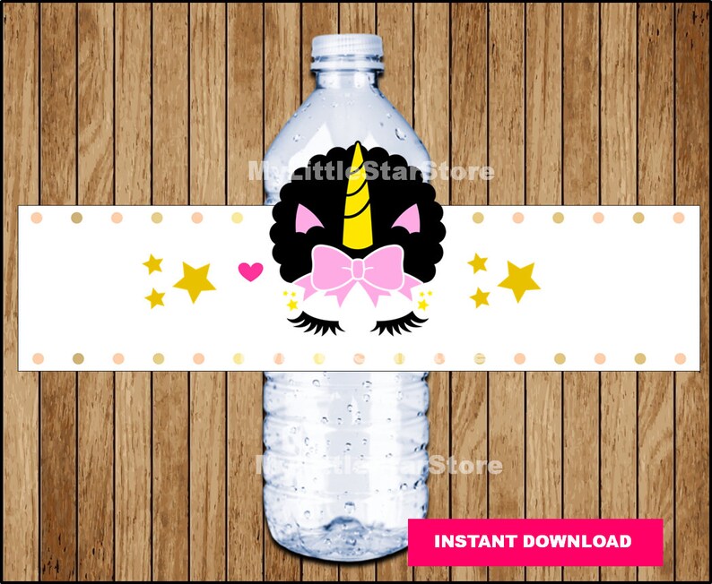 unicorn afro puff water bottle labels printable african etsy
