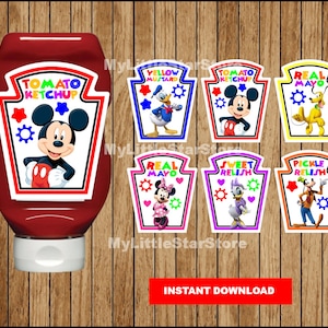 Mickey Mouse condiments bottle wrappers, Printable Mickey Mouse condiments Labels, Mickey Mouse party condiments labels Instant download