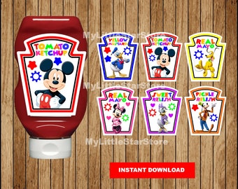 Mickey Mouse condiments bottle wrappers, Printable Mickey Mouse condiments Labels, Mickey Mouse party condiments labels Instant download