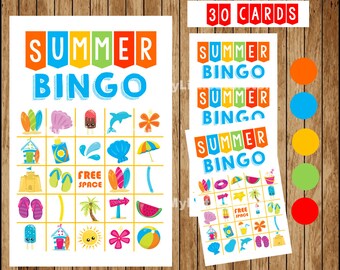 Summer Bingo 30 Cards, Juego de Bingo de verano imprimible, Tarjetas de bingo imprimibles de verano Descarga instantánea