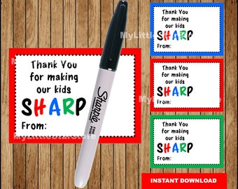 TEACHER APPRECIATION Gift tag, Teacher Appreciation Sharpie Marker Pen Tag, Teacher Thank You Gift Tag Instant download