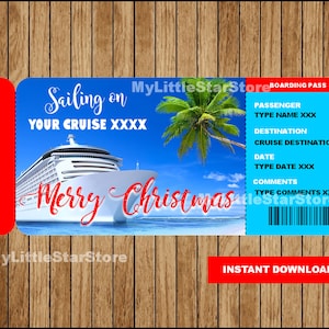 Może przedstawiać: Projekt karty pokładowej na rejs z czerwoną obwódką po lewej i prawej stronie. Karta zawiera statek wycieczkowy, palmy oraz tekst "Sailing on Your Cruise XXXX" i "Merry Christmas". Widoczne są również słowa "Instant Download".