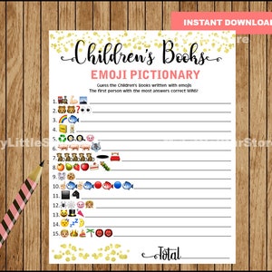 Emoji Pictionary Baby Shower Game, Children&#39;s Book Baby shower game, Coral and Gold, ANSWERS included, Instant Download