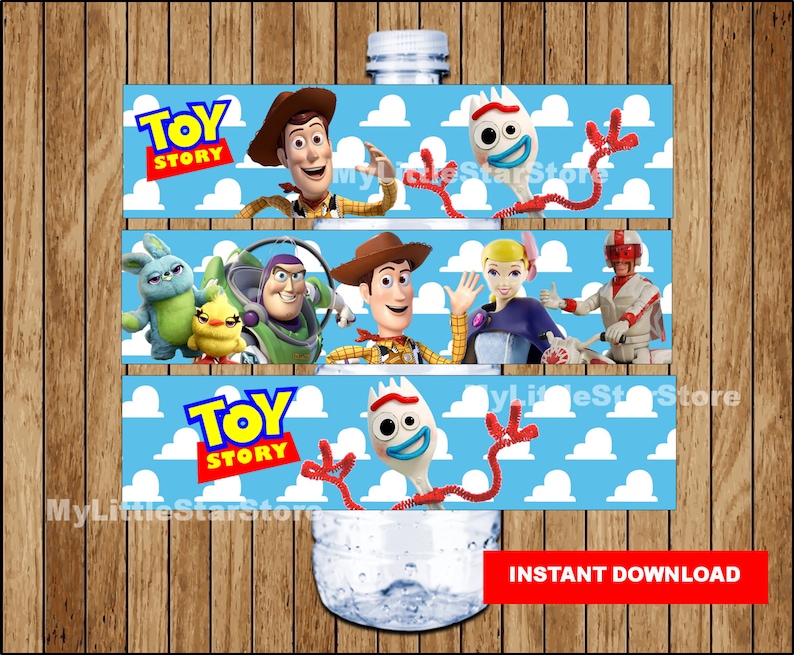 May include: Three printable water bottle labels featuring characters from the Toy Story movie franchise. The labels feature Woody, Buzz Lightyear, Forky, Jessie, and other characters. The labels are blue with white clouds and the text "Toy Story".