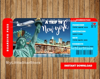 Bilet na podróż do Nowego Jorku do druku, Karta pokładowa New York Surprise, Bilet do Nowego Jorku do druku Edytowalny tekst