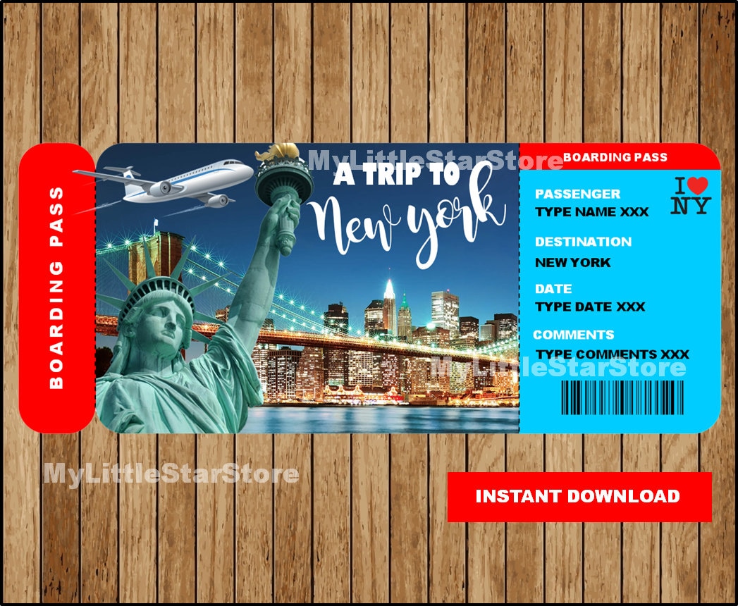 Printable New York Trip Ticket , New York Surprise Boarding Pass