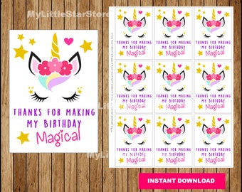 Puede incluir: Etiquetas de agradecimiento de unicornio imprimibles con estrellas doradas, un corazón rosa y el texto "Gracias por hacer que mi cumpleaños sea mágico".
