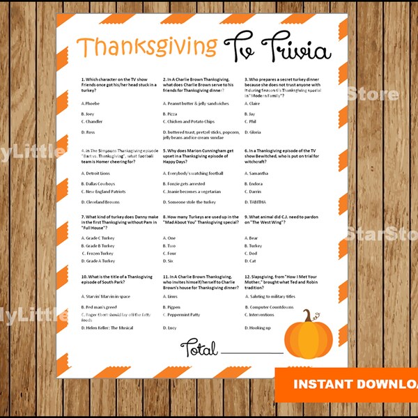 Thanksgiving Tv Trivia Game, Printable Thanksgiving Fun party game, Thanksgiving Trivia Game Answer included Instant download