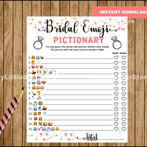 Bridal Shower Game Pictionary , Printable EMOJI Pictionary, Coral and Gold, diy Bridal Shower Printables, Instant Download