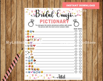 Bridal Shower Game Pictionary , Printable EMOJI Pictionary, Coral and Gold, diy Bridal Shower Printables, Instant Download