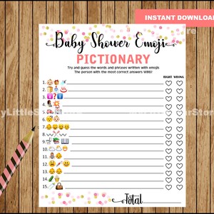 Baby Shower Game Pictionary, Emoji Pictionary Game , Coral and Gold, diy Baby Shower Printables, ANSWERS included, Instant Download