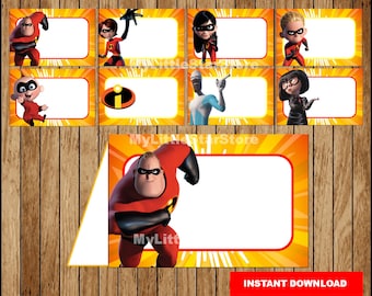 Incredibles Voedseletiketten, Afdrukbare The Incredibles Voedseltentkaarten, The Incredibles feest Voedseletiketten Direct downloaden
