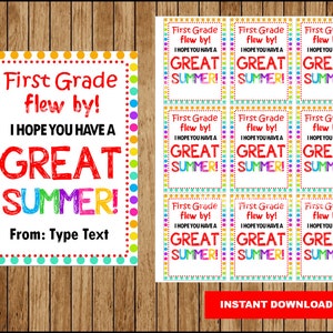 Einde van het schooljaar cadeau tag, jaar vloog door zomer tag, eerste klas laatste schooldag cadeau tag, bewerkbare zomer tag Instant download