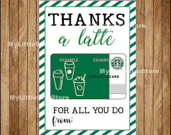 Printable Thanks a Latte Thank You Card, Teacher Appreciation Gift, Gift Card Holder, Thank You Gift Tag Instant download