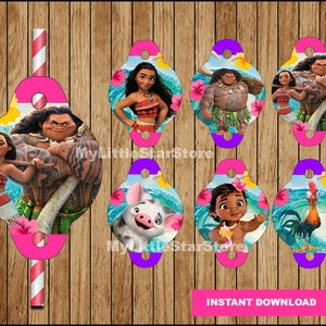 May include: Set of 6 printable Moana themed straw toppers featuring Moana, Maui, Pua the pig, Hei Hei the rooster, and baby Moana. The toppers are pink and purple with a white background and are ideal for a Moana themed party.