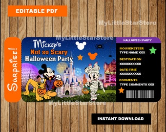 Biljett till överraskningsresa till DisneyWorld Halloween, utskrivbar överraskningsbiljett till Halloween, redigerbar text för inte så läskig Halloween-biljett