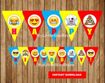 May include: A printable banner with yellow, red, and blue triangle flags. Each flag has an emoji on it. The emojis are: laughing, heart eyes, thinking, ghost, poop, sunglasses, monkey, crying, heart eyes, thinking, tongue sticking out, poop, sunglasses. The banner says "Happy Birthday!"