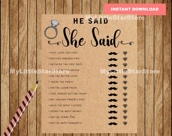 以下が含まれることがあります： 「He Said She Said」というテキストとダイヤモンドのついた指輪が書かれた茶色の厚紙ゲーム。ゲームには、関係についての質問のリストがあり、各質問の横に口ひげとダイヤモンドが描かれています。