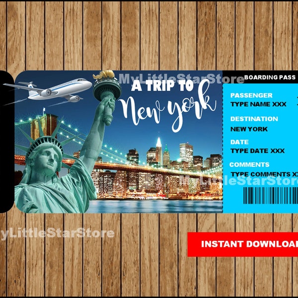 Surprise New York Trip Ticket, New York Surprise Bordkarte, druckbare Geschenkkarte, Ticket für New York Bordkarte Bearbeitbarer Text