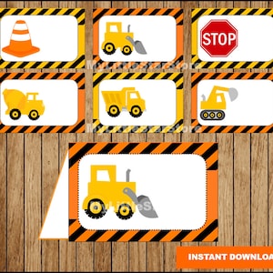 Etiquetas de alimentos para construção, cartões para barracas de construção para impressão, etiquetas de alimentos para festas de veículos de construção, download instantâneo