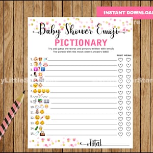 Baby Shower Game Pictionary, Emoji Pictionary Game , Pink and Gold, diy Baby Shower Girl Printables, ANSWERS included, Instant Download