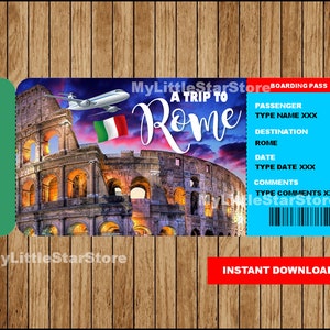 Biglietto di viaggio a sorpresa a Roma, Carta d'imbarco a sorpresa in Italia, Biglietto regalo per l'Italia, Biglietto stampabile per la carta d'imbarco a Roma Testo modificabile