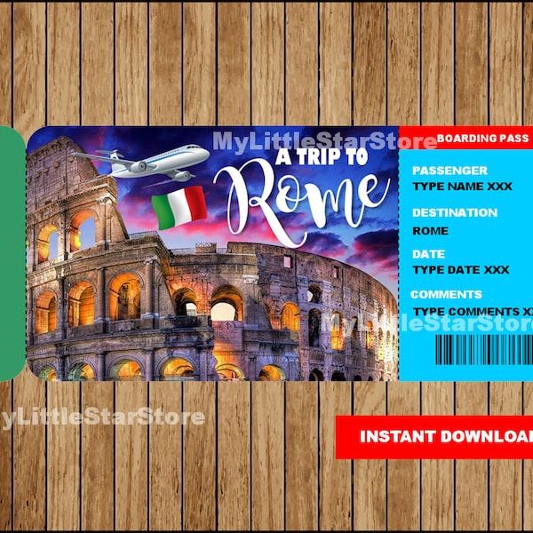 Verrassingsticket voor Rome-reis, Italië Verrassingsinstapkaart, Italië-cadeaubon, afdrukbaar ticket naar instapkaart voor Rome, bewerkbare tekst