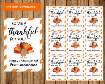 Printable Thanksgiving Turkey Tags, So Very Thankful for You Gift Tags, Thanksgiving Gift tags, Editable text Instant download