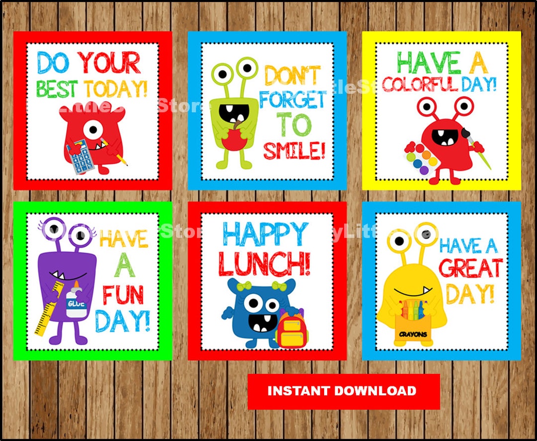 School Lunch Box Notes for Kids, Lunchbox Note Cards , Printable Monster Lunch Notes Instant ...