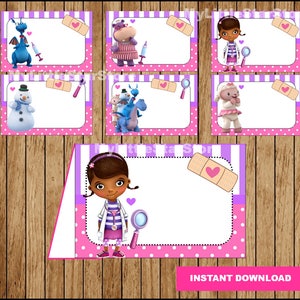 Etiquetas de alimentos de Doc McStuffins, tarjetas de tienda de campaña de alimentos de Doc McStuffins imprimibles, etiquetas de alimentos de fiesta de Doc McStuffins Descarga instantánea