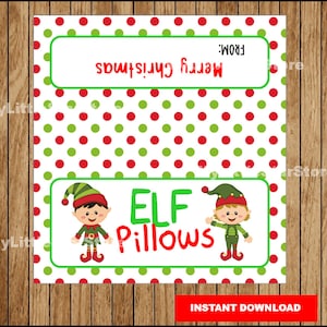 Elfs Pillows Treat Bags, Printable Christmas Bags Toppers, Christmas Elfs Pillows Bag Toppers Instant download