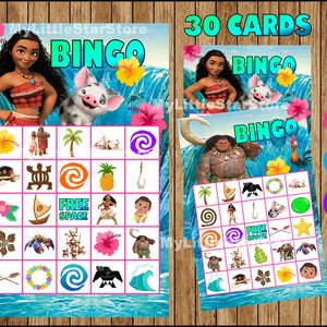 Moana Bingo 30 Cartas, Juego de Bingo Moana imprimible, Tarjetas de Bingo imprimibles de Moana Descarga instantánea