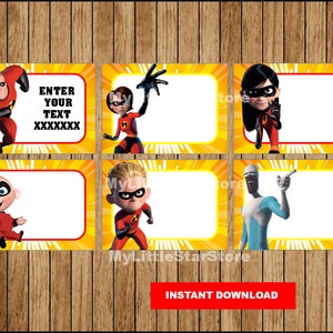 Etiquetas de libros de Los Increíbles, Etiquetas de fiesta de Los Increíbles imprimibles, Tarjetas, Etiquetas de Regreso a la Escuela de Los Increíbles, Descarga instantánea editable
