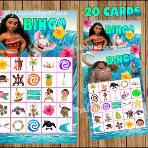 Moana Bingo 20 Karten, druckbare Moana Bingo Spiel, Moana Bingo Karten Sofortiger Download