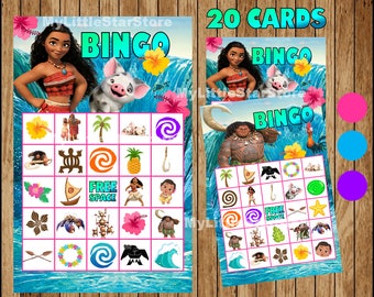 Moana Bingo 20 Cards, Printable Moana Bingo game, Moana printable Bingo cards Instant download