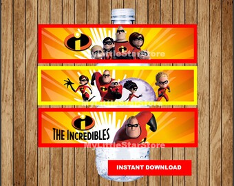 Incredibles flesetiketten, afdrukbare The Incredibles waterflesetiketten, The Incredibles party wateretiketten Direct downloaden