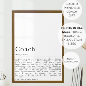 May include: A printable poster with a definition of the word "Coach" in a brown frame. The poster is on a white surface with a lamp and books. The text on the poster reads: "Coach /koʊtʃ/ noun A person who sees potential where others may see obstacles. They inspire others to push past their limits. They don't just teach skills—they foster resilience, ignite self-discovery, and empower individuals to unlock their fullest potential. They create a space where challenges are transformed into opportunities and where success is defined not just by victory, but by the journey of becoming the best version of oneself. See also: Coach Smith"