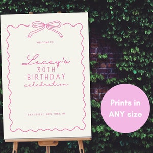 Letrero de bienvenida de cumpleaños de Pink Coquette / Plantilla editable / Descarga instantánea / Edición gratuita en Canva / Todos los tamaños / Elegante lazo ondulado minimalista